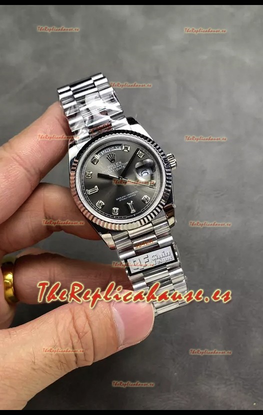 Rolex Day Date Super Clone Acero Inoxidable Dial Gris Reloj Numerales Diamantes 36MM - 1:1 Calidad Espejo
