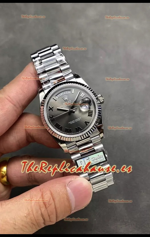 Rolex Day Date Super Clone Acero Inoxidable Dial Gris Reloj Numerales Romanos 36MM - 1:1 Calidad Espejo