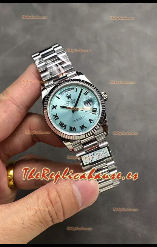 Rolex Day Date Super Clone Acero Inoxidable Dial Azul Ice Reloj Numerales Romanos 36MM - 1:1 Calidad Espejo