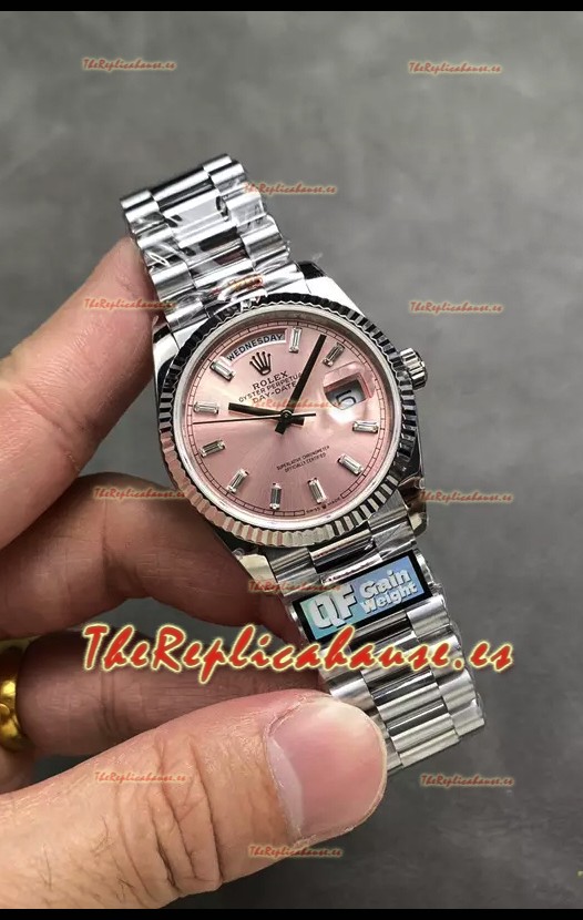 Rolex Day Date Super Clone Acero Inoxidable Dial Rosa Reloj Marcadores Hora en Cristal 36MM - 1:1 Calidad Espejo