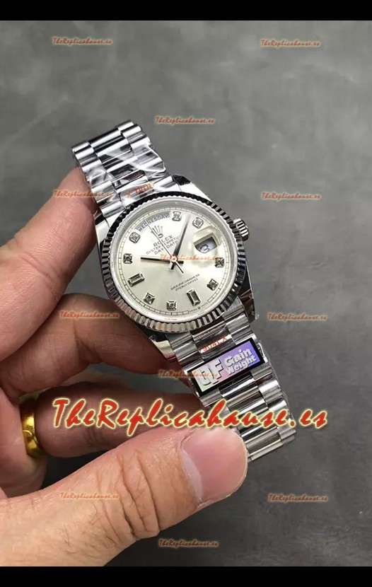 Rolex Day Date Super Clone Acero Inoxidable Dial Plateado Reloj Numerales Diamantes 36MM - 1:1 Calidad Espejo