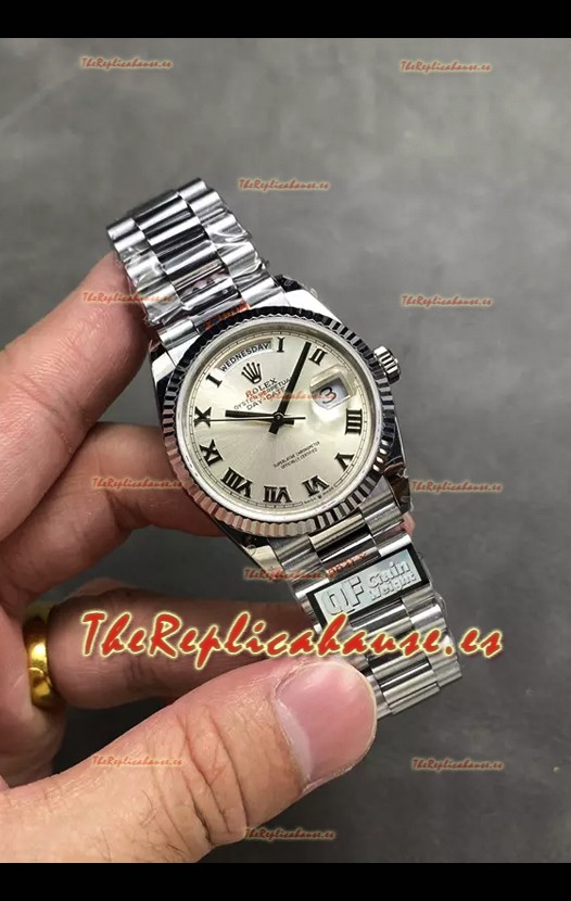 Rolex Day Date Super Clone Acero Inoxidable Dial Plateado Reloj Numerales Romanos 36MM - 1:1 Calidad Espejo
