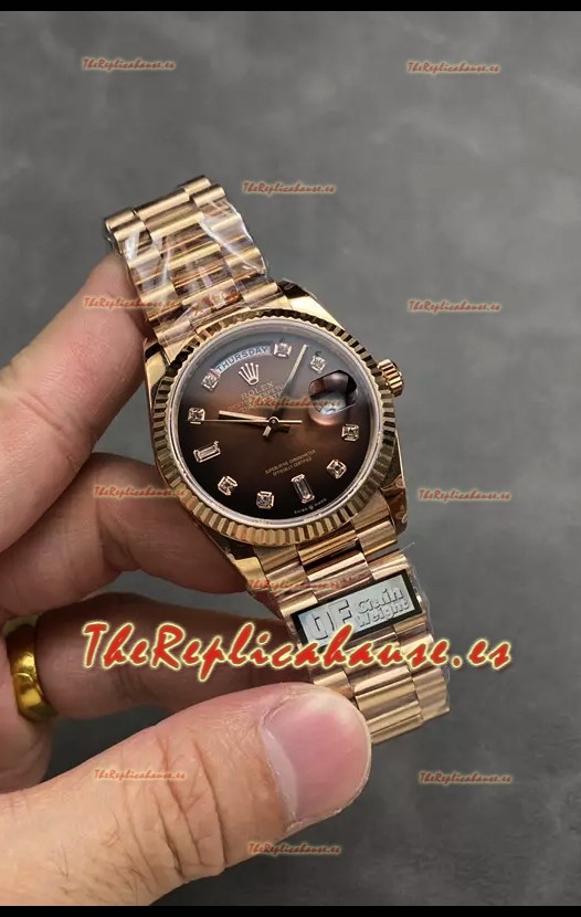 Rolex Day Date Super Clone Dial Oro Rosado Marrón Reloj Numerales Diamantes 36MM - 1:1 Calidad Espejo