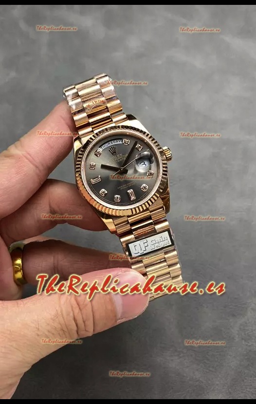 Rolex Day Date Super Clone Rose Gold Dial Gris Reloj Numerales Diamantes 36MM - 1:1 Calidad Espejo