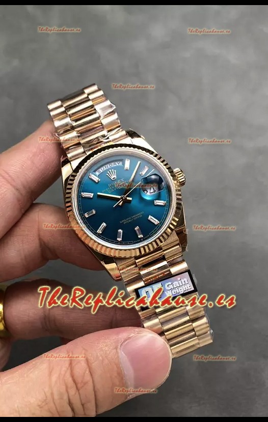 Rolex Day Date Super Clone Dial Oro Rosado Azul Reloj Marcadores Hora en Cristal 36MM - 1:1 Calidad Espejo