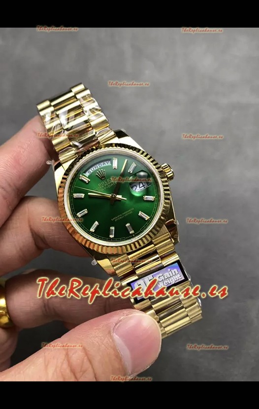 Rolex Day Date Super Clone Dial Oro Amarillo Dial Verde Reloj Marcadores Hora en Cristal 36MM - 1:1 Calidad Espejo