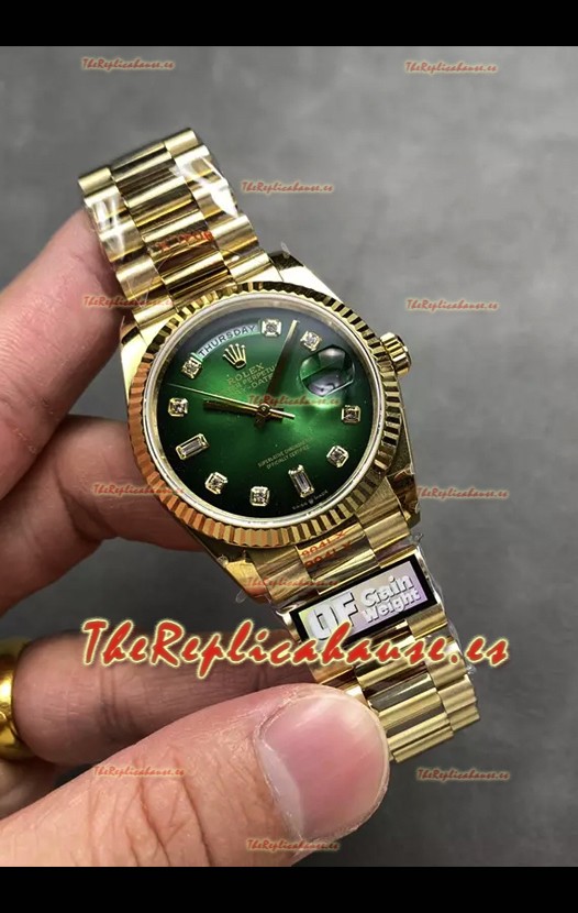 Rolex Day Date Super Clone Dial Oro Amarillo Dial Verde Reloj Numerales Diamantes 36MM - 1:1 Calidad Espejo