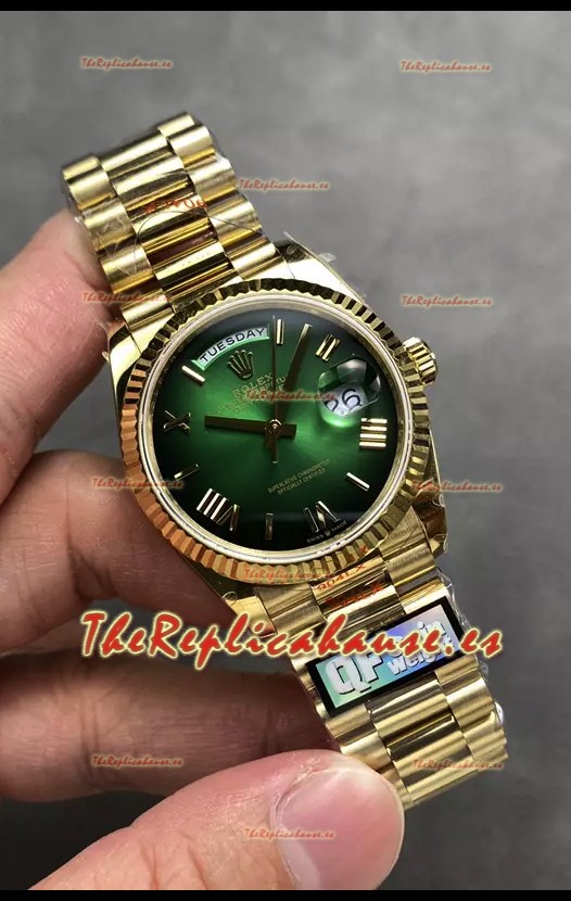 Rolex Day Date Super Clone Dial Oro Amarillo Dial Verde Reloj Numerales Romanos 36MM - 1:1 Calidad Espejo