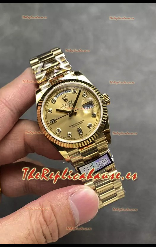 Rolex Day Date Super Clone Caja y Dial Oro Amarillo Reloj Numerales Diamantes 36MM - 1:1 Calidad Espejo