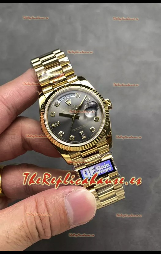 Rolex Day Date Super Clone Oro Amarillo Dial Gris Reloj Numerales Diamantes 36MM - 1:1 Calidad Espejo