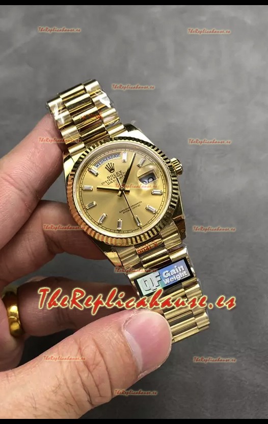 Rolex Day Date Super Clone Caja y Dial Oro Amarillo Reloj Marcadores Hora en Cristal 36MM - 1:1 Calidad Espejo