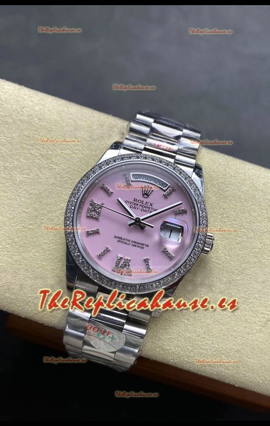 Rolex Day Date Super Clone Acero Inoxidable Dial Rosa Reloj Numerales Diamantes 36MM - 1:1 Calidad Espejo