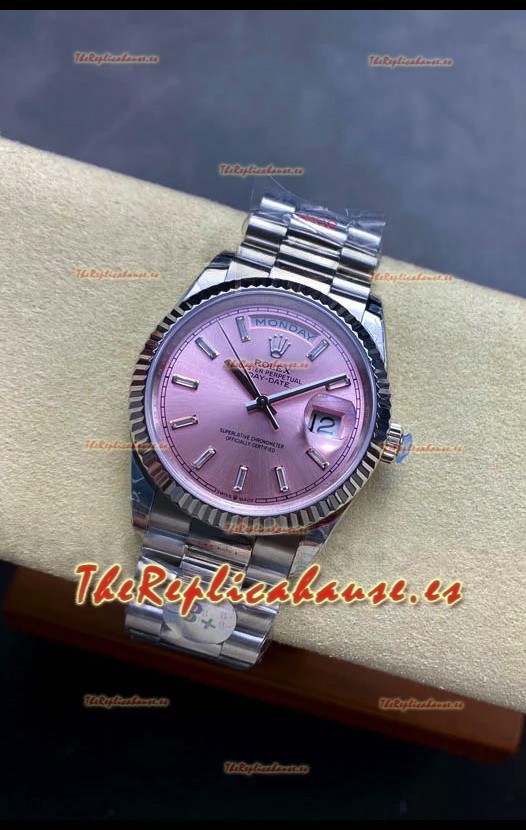 Rolex Day Date Super Clone Acero Inoxidable Dial Rosado Sunburst Reloj Marcadores Hora en Cristal 36MM - 1:1 Calidad Espejo