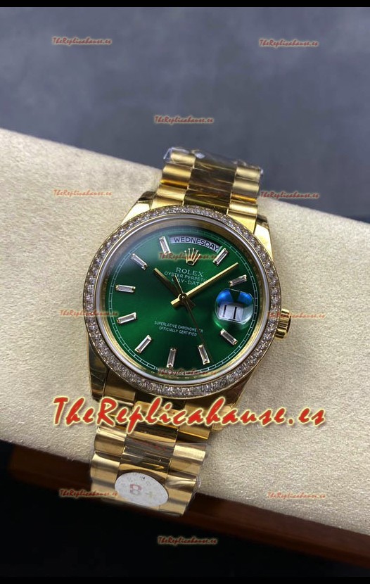 Rolex Day Date Super Clone Dial Oro Amarillo Dial Verde Reloj Marcadores Hora en Cristal 36MM - 1:1 Calidad Espejo