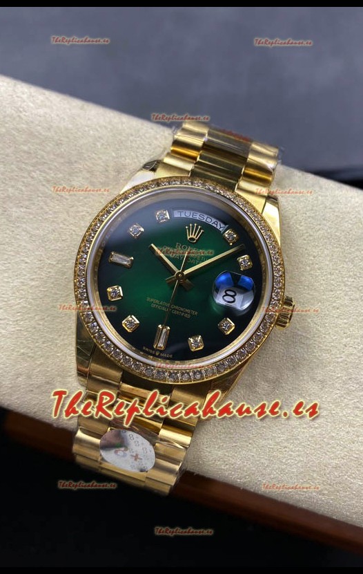 Rolex Day Date Super Clone Dial Oro Amarillo Dial Verde Reloj Numerales Diamantes 36MM - 1:1 Calidad Espejo
