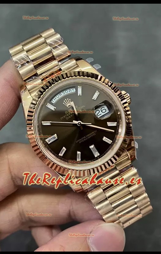 Rolex Day Date 40MM 228235 Oro Rosado Dial en Marrón Oscuro Reloj Réplica Espejo 1:1