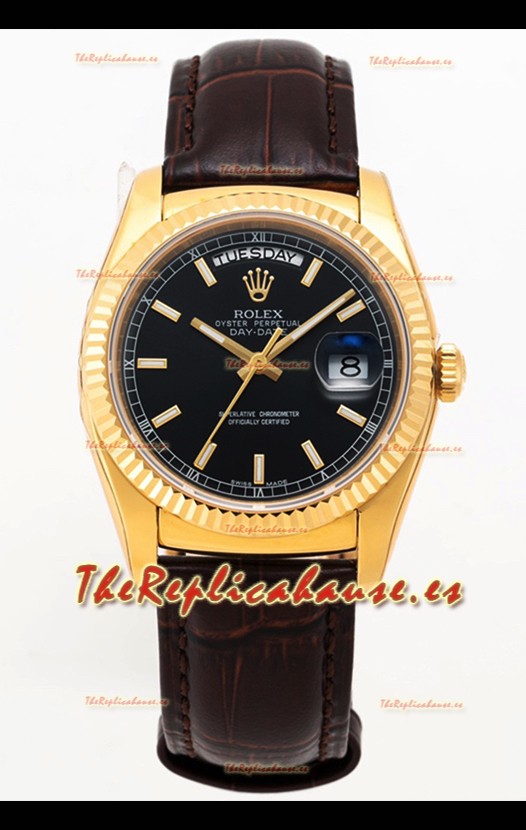 Rolex Day Date Reloj Oro Amarillo Caja Acero 904L Dial Negro 36MM - Calidad Espejo 1:1