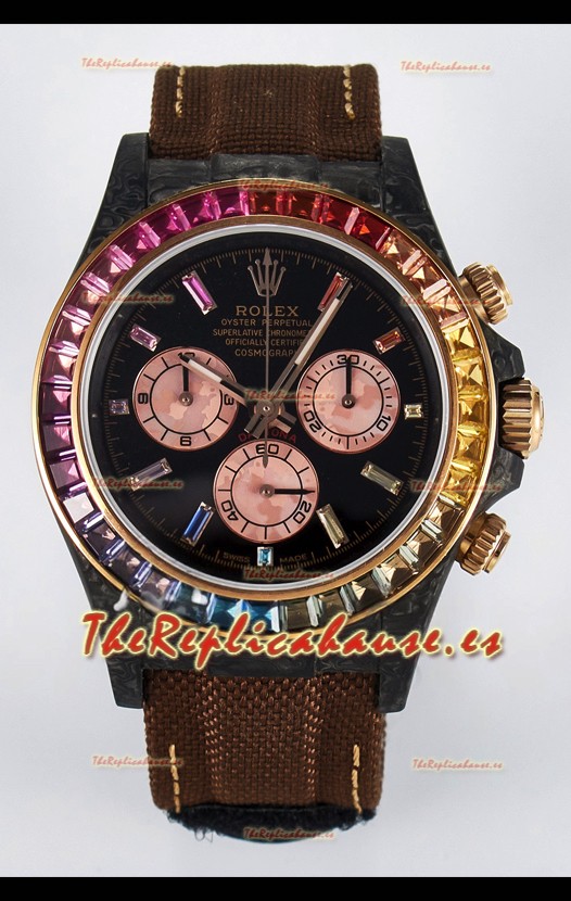 Rolex Daytona Super Clone DiW Carbon Edition Rainbow Bezel - Caja Carbono Forjado Correa Khaki Réplica Espejo 1:1