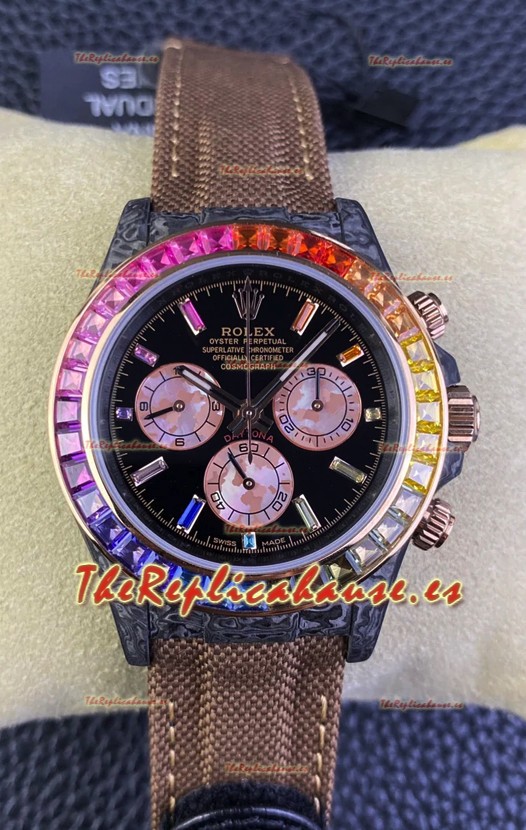 Rolex Daytona DiW Edición Carbono Bisel Arcoiris - Caja Carbon Forjado Correa Khaki Réplica Espejo 1:1