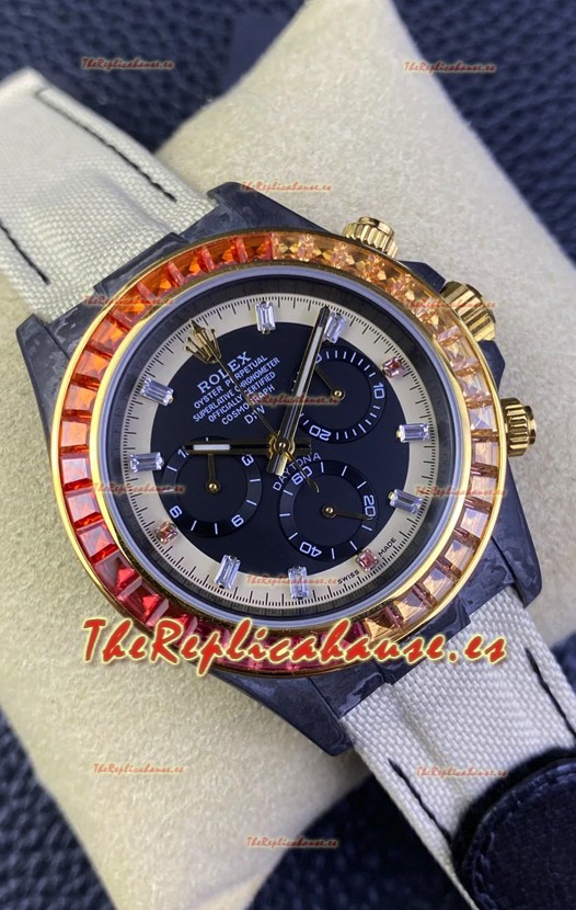 Rolex Daytona DiW Edición Carbono Bisel Arcoiris - Caja Carbon Forjado Correa Beige Réplica Espejo 1:1