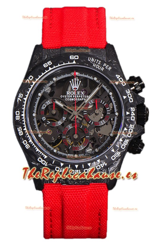 Rolex Daytona DiW Reloj Edición Skeleton Carbono - Caja Carbono Forjado Correa Roja Réplica Espejo 1:1