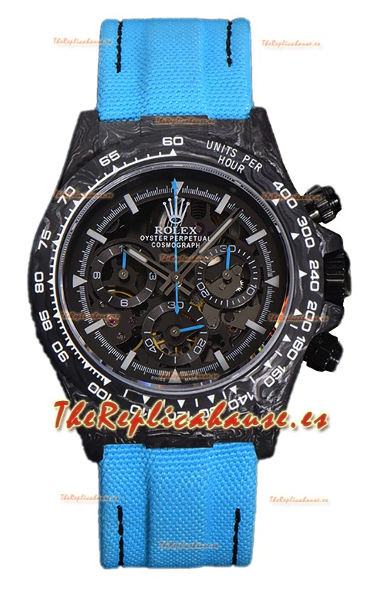 Rolex Daytona DiW Skeleton Reloj Edición Carbono - Caja de Carbono Forjado Correa Azul Réplica Espejo 1:1