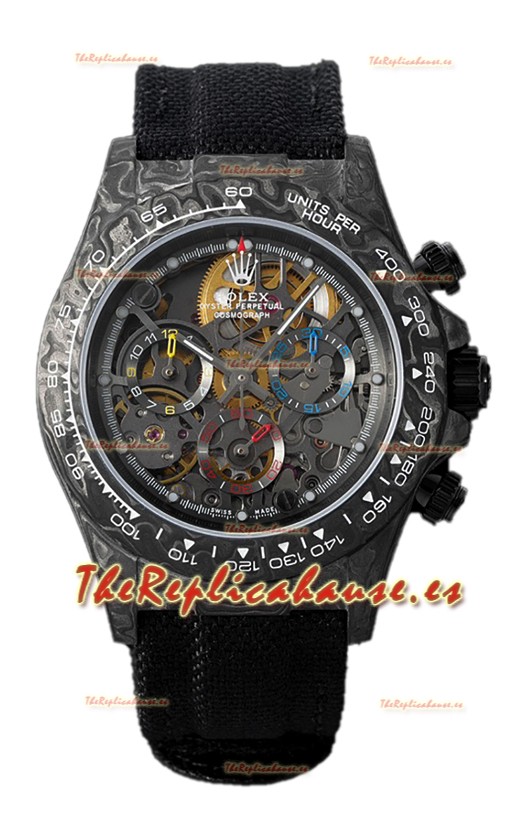 Rolex Daytona DiW Skeleton Reloj Edición Carbono - Caja de Carbono Forjado Correa Negra Réplica Espejo 1:1
