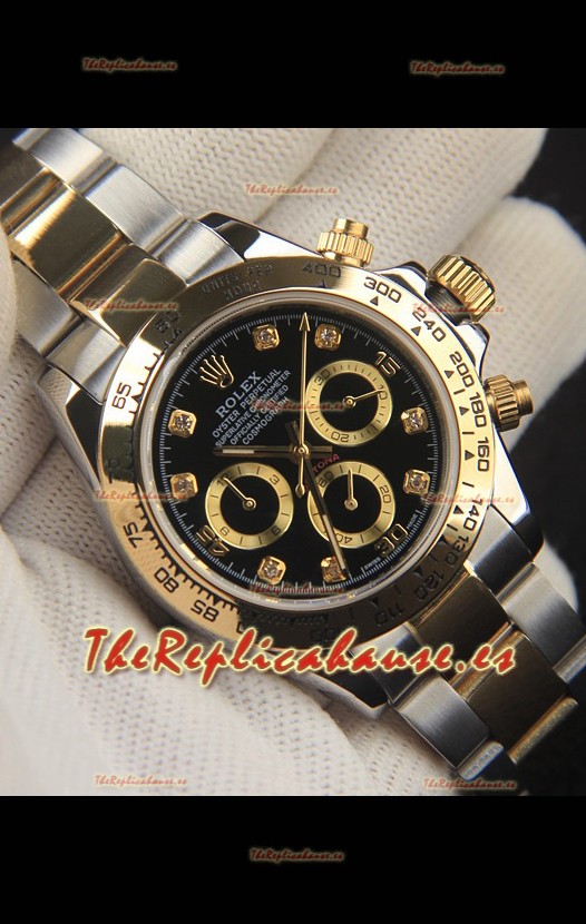 Rolex Daytona Movimiento Japonés Dos Tonos Caja de Oro Reloj en Dial Negro 