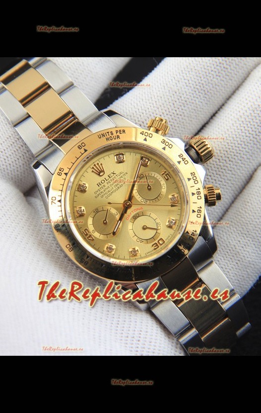Rolex Daytona Movimiento Japonés Dos Tonos Caja de Oro Reloj en Dial Dorado 