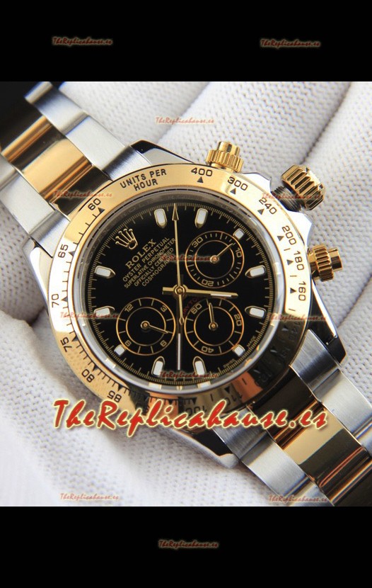 Rolex Daytona Movimiento Japonés Dos Tonos Caja de Oro Reloj en Dial Negro 