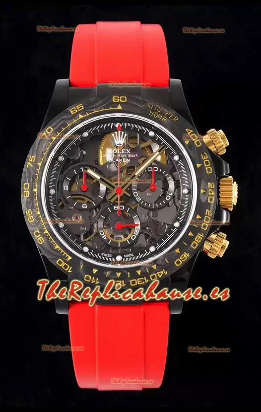 Rolex Daytona Rojo Blaken Reloj Réplica Suizo a Espejo 1:1 Dial Skeleton Movimiento Cal.4130