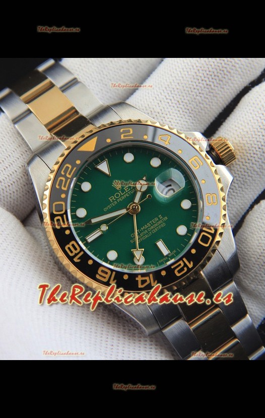 Rolex GMT Masters II Movimiento Japonés Reloj Réplica en Dos Tonos Dial Verde