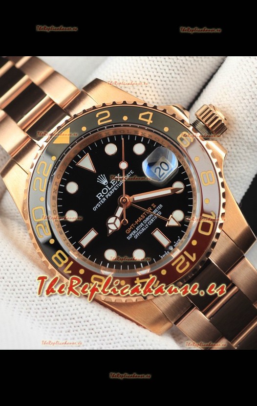 Rolex GMT Masters II Japonés chapado en Oro Rosado Reloj Réplica Dial Negro