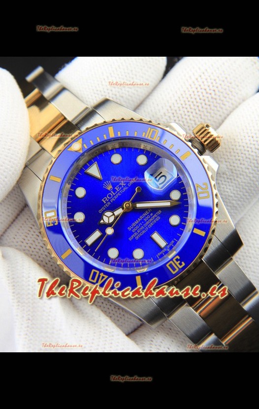 Rolex Submariner Japonés Reloj Réplica Caja en 2 Tonos Oro Amarillo Dial Azul 