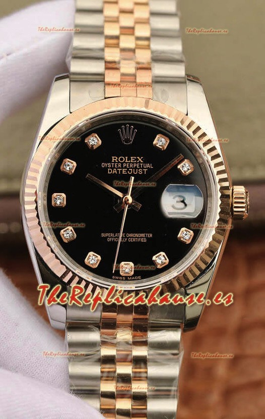 Rolex Datejust 36MM Movimiento ETA-3135 Reloj Réplica Suizo en Acero 904L en Dos Tonos Dial Negro