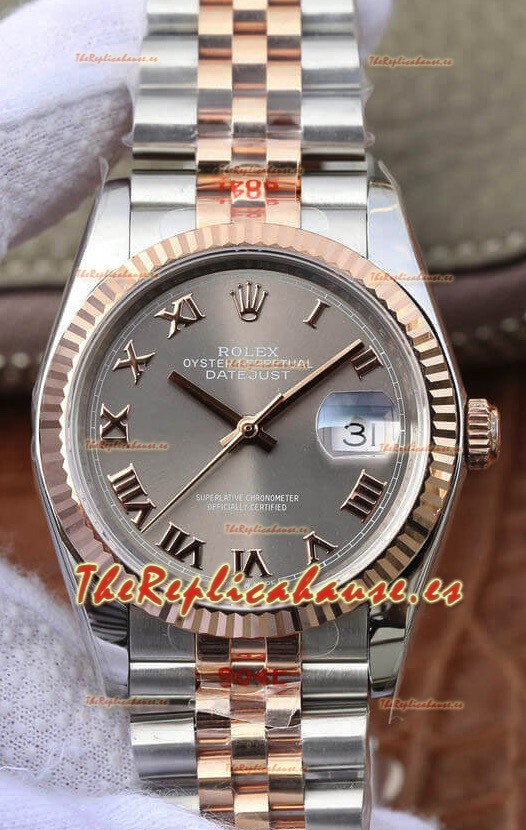 Rolex Datejust 36MM Movimiento ETA-3135 Reloj Réplica Suizo en Acero 904L de Dos Tonos Dial Gris