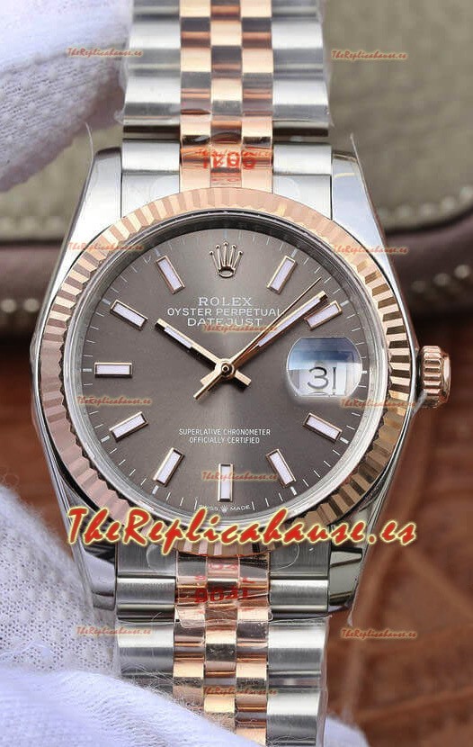 Rolex Datejust 36MM Movimiento ETA-3135 Reloj Réplica Suizo en Acero 904L de Dos Tonos Dial Gris