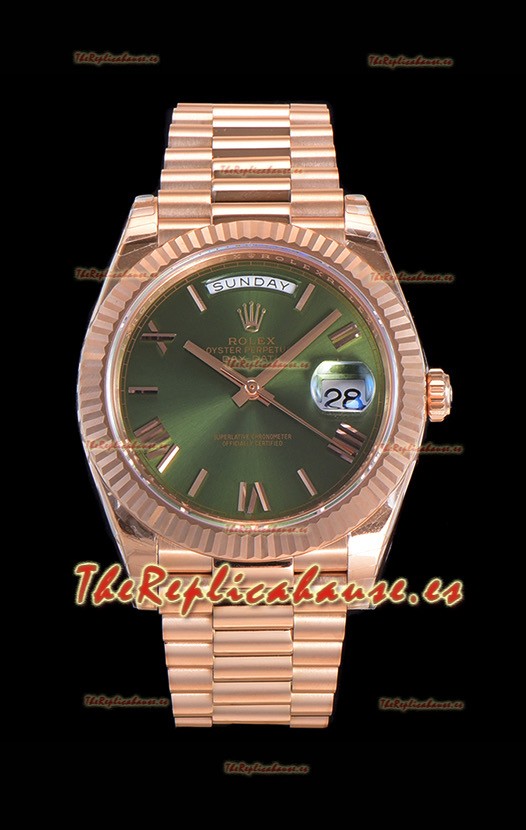 Rolex Day Date Watch Dial Verde con Numerales de Hora en Numeros Romanos Movimiento Cal.3255 - Acero 904L