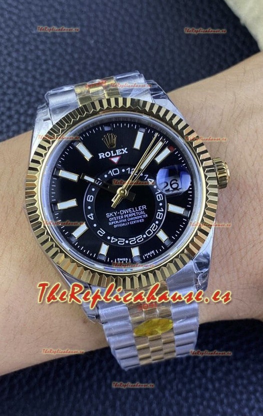 Rolex Sky-Dweller REF# M336933 Dial Negro Reloj en Caja de Acero 904L chapada en Oro Amarillo Réplica a Espejo 1:1