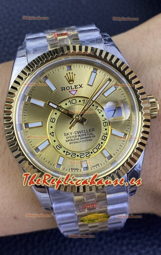 Rolex Sky-Dweller REF# M336933 Dial Dorado Reloj en Caja de Acero 904L chapada en Oro Amarillo Réplica a Espejo 1:1
