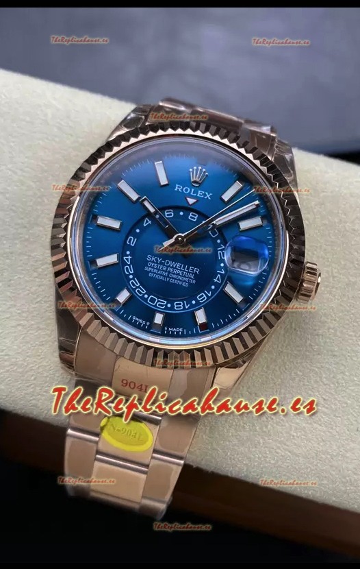 Rolex Sky-Dweller REF #m336935 Dial Azul Reloj Caja Acero 904L en Oro Rosado Réplica Espejo 1:1