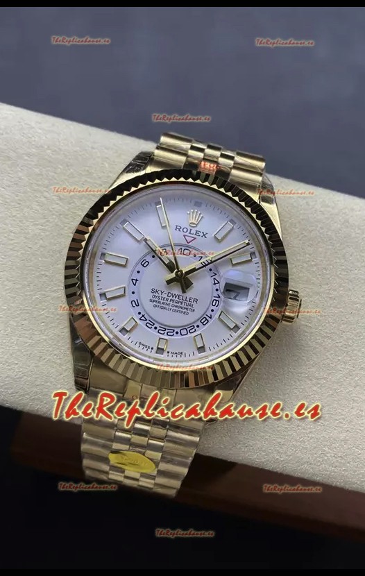 Rolex Sky-Dweller REF# 336935 Dial Blanco Reloj en Oro Amarillo Caja Acero 904L Réplica Espejo 1:1