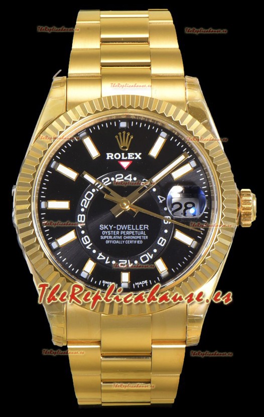 Rolex Sky-Dweller REF# 336235 Reloj Dial Negro en Oro Amarillo Caja Acero 904L Réplica Espejo 1:1