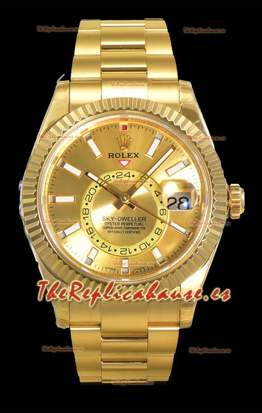 Rolex Sky-Dweller REF# 336235 Reloj Dial Dorado en Oro Amarillo Caja Acero 904L Réplica Espejo 1:1