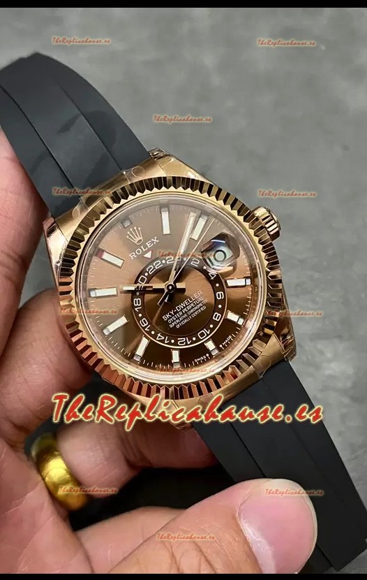 Rolex Sky-Dweller REF# M336235 Dial Marrón Reloj Oro Rosado Caja en Acero 904L Réplica Espejo 1:1