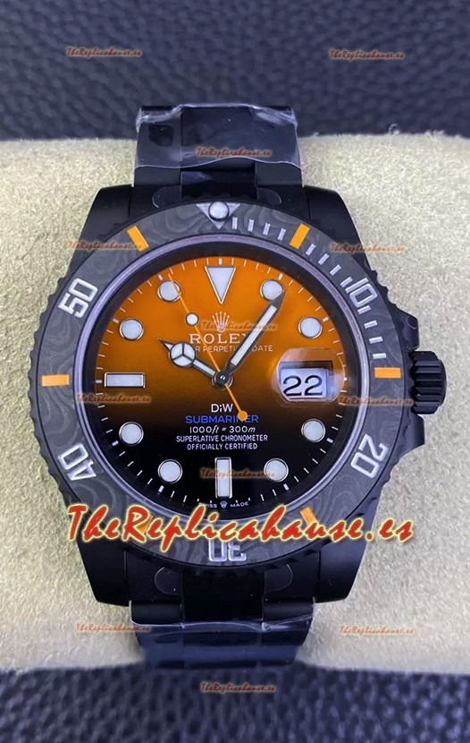 Rolex Submariner Reloj Edición Especial DiW con Revestimiento DLC Bisel Carbono Dial Naranja