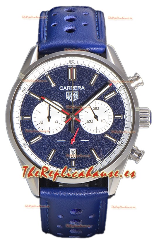 Tag Heuer Carrera Cronógrafo 43 Reloj Réplica Cuarzo Suizo Dial Azul Correa Piel 