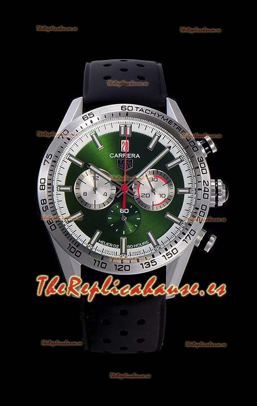 Tag Heuer Carrera Movimiento Cuarzo Suizo Reloj Réplica Dial Verde - Correa de Goma Negra