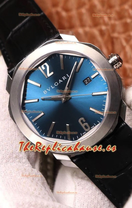Bvlgari Edición Octo Roma Reloj Réplica a espejo 1:1 Caja en Acero 904L - Dial Azul Correa de Piel