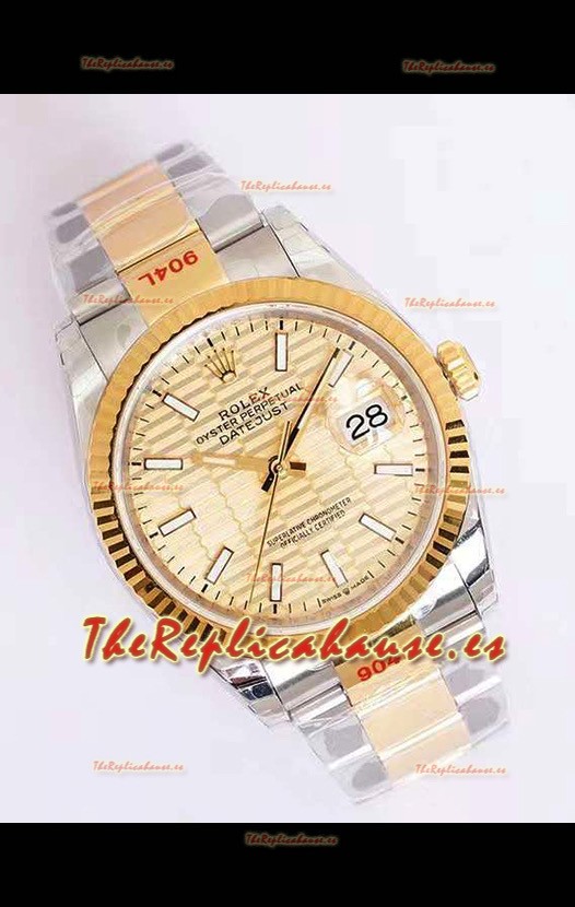 Rolex Datejust Dial Fluted-Motif 41MM Movimiento Cal.3135 Reloj Réplica Suizo en Caja de Acero 904L de Dos Tonos